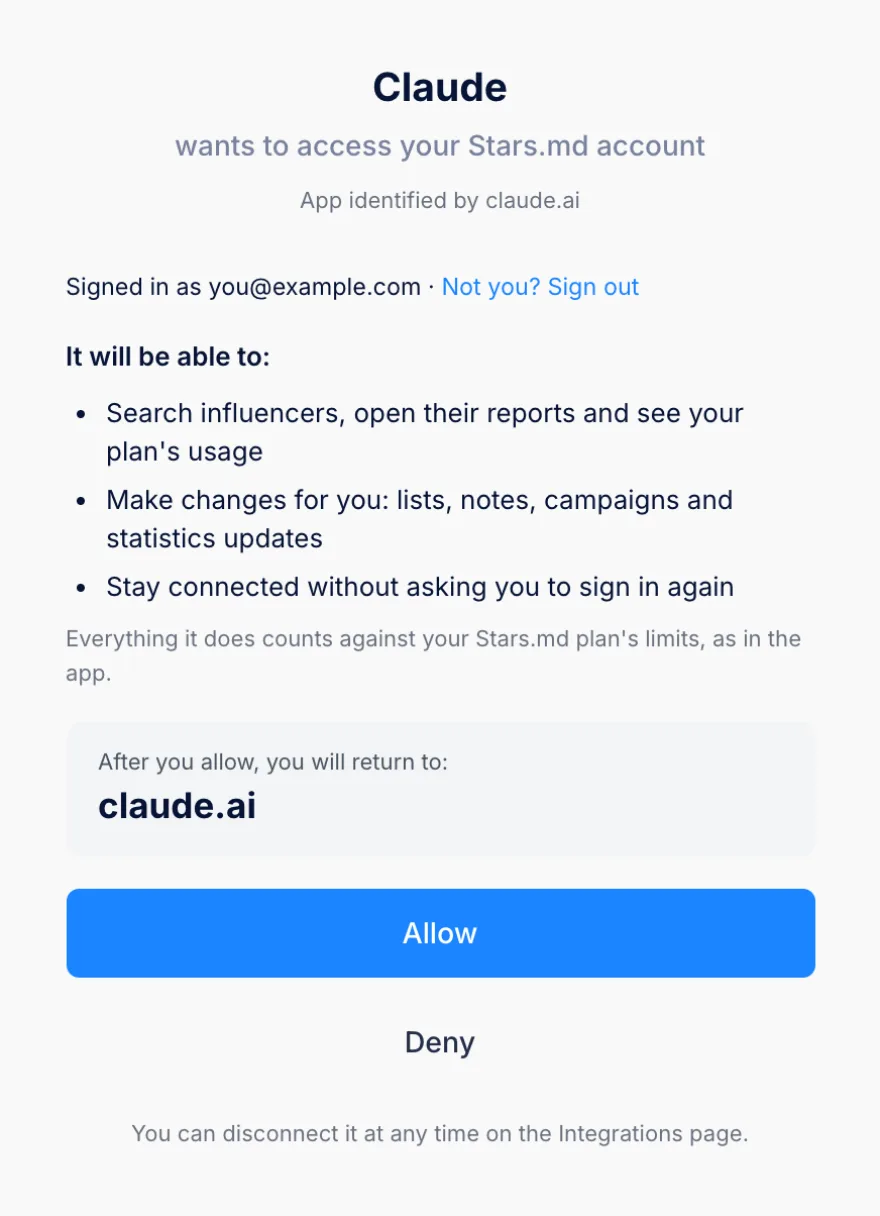 The Stars.md consent screen: Claude asks to access your account and lists what it will be able to do