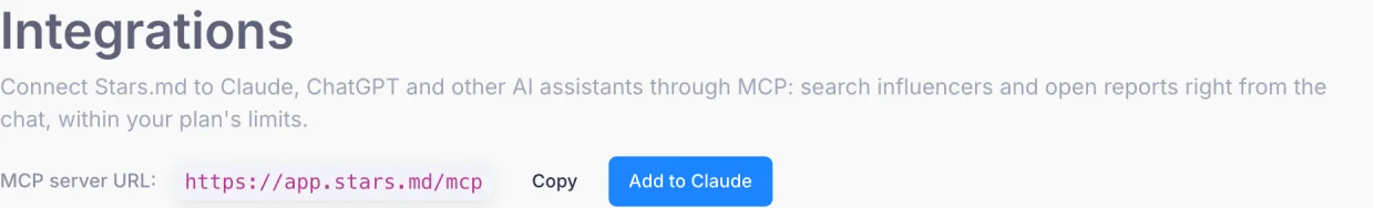 The Integrations page of a Stars.md account with the MCP server address and the Add to Claude button